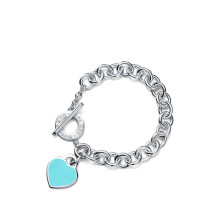 (Style 8) Women Chunky Silver Chain Bracelet, Engraved Heart Tag Toggle Bracelet, 925 Sterling Silver Charm Bracelet, Jewellery Gift for Her