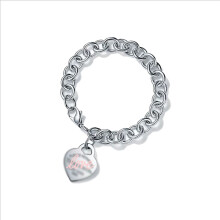 (Style 17) Women Chunky Silver Chain Bracelet, Engraved Heart Tag Toggle Bracelet, 925 Sterling Silver Charm Bracelet, Jewellery Gift for Her