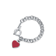 (Style 6) Women Chunky Silver Chain Bracelet, Engraved Heart Tag Toggle Bracelet, 925 Sterling Silver Charm Bracelet, Jewellery Gift for Her