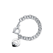 (Style 14) Women Chunky Silver Chain Bracelet, Engraved Heart Tag Toggle Bracelet, 925 Sterling Silver Charm Bracelet, Jewellery Gift for Her