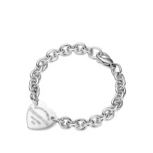 (Style 26) Women Chunky Silver Chain Bracelet, Engraved Heart Tag Toggle Bracelet, 925 Sterling Silver Charm Bracelet, Jewellery Gift for Her