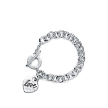 (Style 13) Women Chunky Silver Chain Bracelet, Engraved Heart Tag Toggle Bracelet, 925 Sterling Silver Charm Bracelet, Jewellery Gift for Her