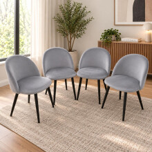 Set of 4 Grey Velvet Dining Chairs with Curved Backrests & Black Metal Legs, 77x44x59 cm
