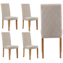 Beige Velvet Dining Chairs, Diamond Stitch High Back, Wooden Legs, Set of 4