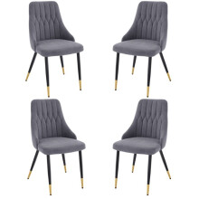 Grey Velvet Dining Chairs, Stitched Back, Padded Seat, Gold Tipped Metal Legs, Set of 4