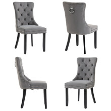 Set of 4 Grey Velvet Dining Chairs Button Stud detail Velvet Knocker
