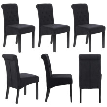 Black Velvet Dining Chairs, Scroll Top, Buttoned Back, Wooden Legs, Set of 6