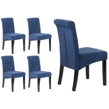 Emilia Blue Velvet Dining Chairs, Scroll Top, Buttoned Back, Wooden Legs, Set of 4