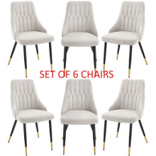 Beige Velvet Dining Chairs, Stitched Back, Padded Seat, Gold Tipped Metal Legs, Set of 6