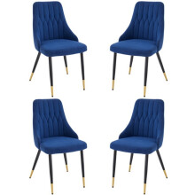 Blue Velvet Dining Chairs, Stitched Back, Padded Seat, Gold Tipped Metal Legs, Set of 4