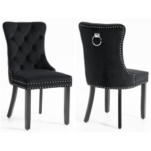 Black Velvet Dining Chairs, High Back, Buttoned and Studded, Wooden Legs, Set of 2