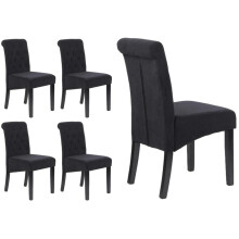 Black Velvet Dining Chairs, Scroll Top, Buttoned Back, Wooden Legs, Set of 4