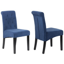 Blue Velvet Dining Chairs, Scroll Top, Buttoned Back, Wooden Legs, Set of 2