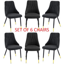 Black Velvet Dining Chairs, Stitched Back, Padded Seat, Gold Tipped Metal Legs, Set of 6
