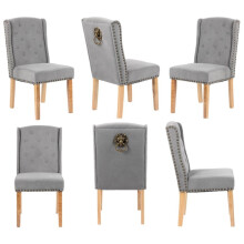 6 X Grey Velvet Dining Chairs , 12 Button Detail, Stud Detail Lion head knocker