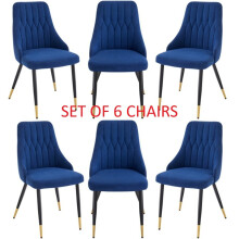Blue Velvet Dining Chairs, Stitched Back, Padded Seat, Gold Tipped Metal Legs, Set of 6