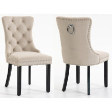 Beige Velvet Dining Chairs, High Back, Buttoned and Studded, Wooden Legs