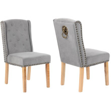 Francesca Grey Velvet Dining Chairs, Lion Head Knocker, Buttoned Back, Wooden Legs, Set of 2