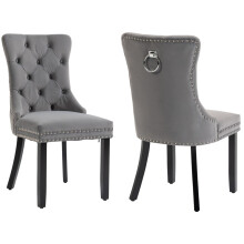 Grey Velvet Dining Chairs, High Back, Buttoned and Studded, Wooden Legs, Set of 2
