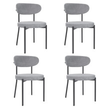 Grey Velvet Dining Chairs, Round Back, Padded Seat, Black Metal Legs, Set of 4