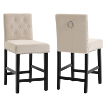 Set of 2 Beige Velvet Fixed Height Bar Stools with Button Stud Detail, Knocker, and Black Wooden Legs