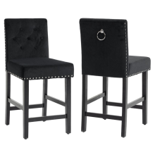 Set of 2 Black Velvet Fixed Height Bar Stools with Button Stud Detail, Knocker, and Wooden Legs