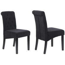 Black Velvet Dining Chairs, Scroll Top, Buttoned Back, Wooden Legs, Set of 2