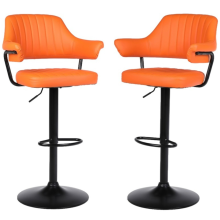 Set of 2 Plush Orange Faux Leather Gas Lift Bar Stools with Padded Arms and Back