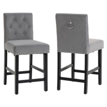 Set of 2 Grey Velvet Fixed Height Bar Stools with Button Stud Detail, Knocker, and Black Wooden Legs