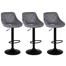 Set of 3 Grey Valencia Velvet Gas Lift Bar Stools Kitchen Breakfast Swivel Chairs with Matte Black Metal Base & Footrest
