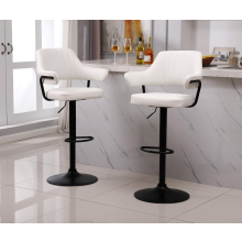 Set of 2 Plush White Faux Leather Gas Lift Bar Stools with Padded Arms and Back