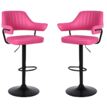 Set of 2 Plush Pink Faux Leather Gas Lift Bar Stools with Padded Arms and Back