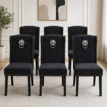 Francesca Velvet Dining Chairs, Lion Head Knocker, Buttoned Back, Wooden Legs, Set of 6