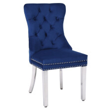 Blue Velvet Dining Chair, Wing Back, Ring Knocker, Stainless Steel Legs