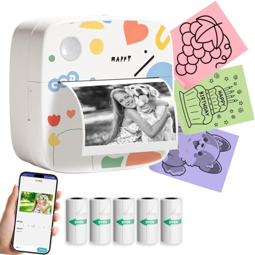 Mini Thermal Sticker Printer Inkless 5 Rolls for iOS and Android