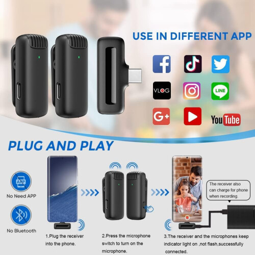 Wireless Lavalier Microphone 2 Pack USB-C Noise Reduction 2