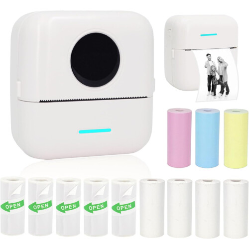 Mini Thermal Sticker Printer Inkless 12 Rolls for Notes Labels and DIY