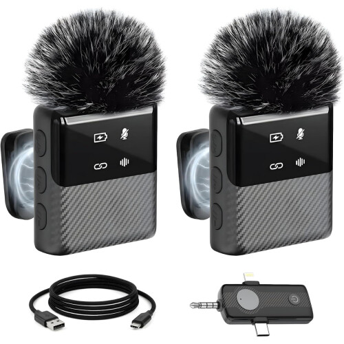 Wireless Lavalier Microphone 3-in-1 2 Pack USB-C Noise Reduction 30M Plug and