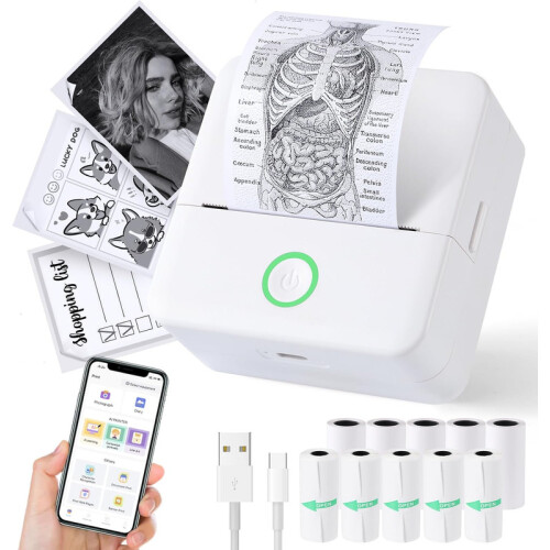 Mini Thermal Sticker Printer 10 Rolls for Notes Labels and DIY