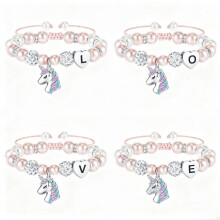 (T style unicorn pearl bracelet) Handmade Braided Unicorn Pendant Bracelet Heart Initial Beaded Pink Pearl Charm Bracelet for Women Adjustable
