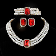 (blue) Pearl Choker Necklace Set for Bride Multi Layer Faux Pearl Necklace Bracelet Earrings Wedding Jewelry White