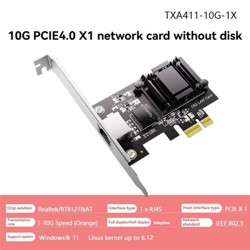 Placa de Rede 10G PCIe 4.0 X1 Sem Disco com Ativação de Rede PXE, Chip RT8127 e AT para Windows 11 e Linux 1