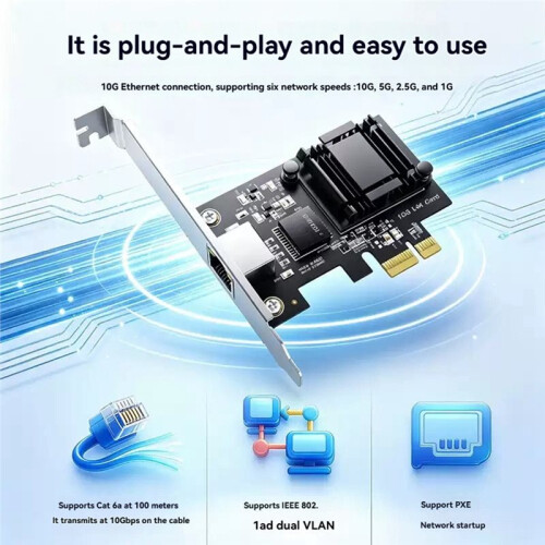 Placa de Rede 10G PCIe 4.0 X1 Sem Disco com Ativação de Rede PXE, Chip RT8127 e AT para Windows 11 e Linux 2