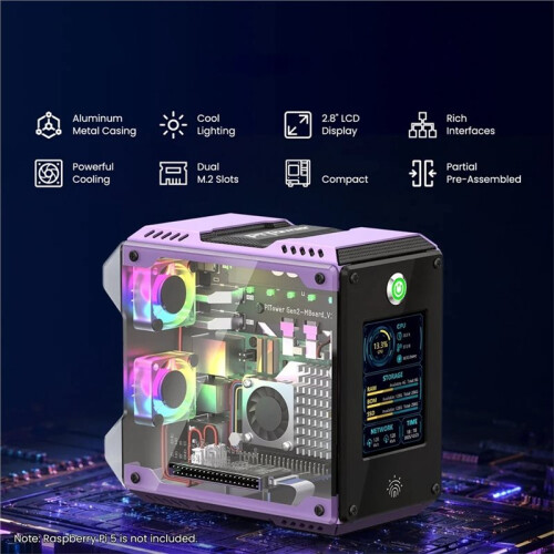 Per Raspberry Pi 5 PiTower Gen 2  PC Case RGB con Schermo IPS da 2,8" Doppio Slot SSD Supporta 2230/2242/2260/2280 1