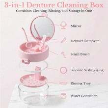 Large Capacity Denture Bath Case with Mirror Cleaning Brush and Removal Tool for Braces Denture Users