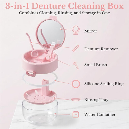 Large Capacity Denture Bath Case with Mirror Cleaning Brush and Removal Tool for Braces Denture Users