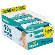Pampers 99% Water Baby Wipes Plastic Free, 3 Packs of 60 Wipes = 180