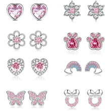 (8PairsED-C pink) LOUMILEO 8 Pairs Silver Stud Earrings Set Hypoallergenic CZ Flower Heart Earrings for Girls Women Kids
