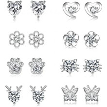 (8Pairs-M white) LOUMILEO 8 Pairs Silver Stud Earrings Set Hypoallergenic CZ Flower Heart Earrings for Girls Women Kids