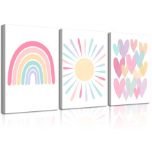 RCJARTI 3Pcs Framed Pink Nursery Canvas Wall Art Rainbow Poster Kids